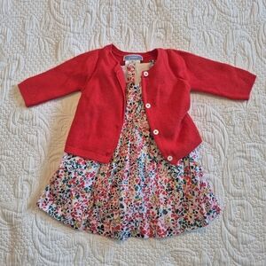 Jacadi girls 1 month ruffle sleeve floral dress with matching red sweater VGUC